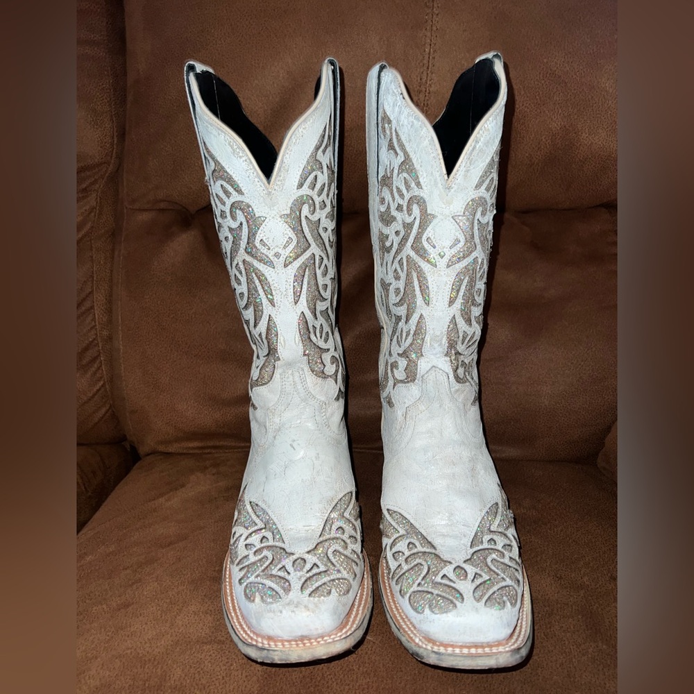 JB DILLON White and Brown Western Cowgirl Boots
